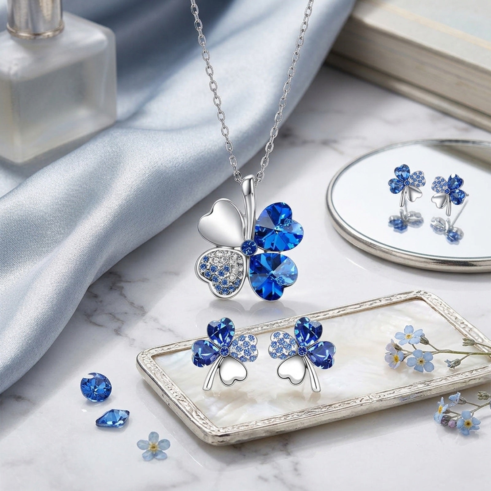 Wrapables Crystal Four Leaf Clover Pendant Necklace and Earrings Jewelry Set