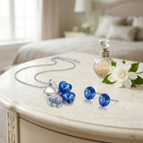 Gold Plated Crystal Heart Shaped Four Leaf Clover Pendant Necklace and Stud Earrings Jewelry Set