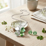 Gold Plated Crystal Heart Shaped Four Leaf Clover Pendant Necklace and Stud Earrings Jewelry Set