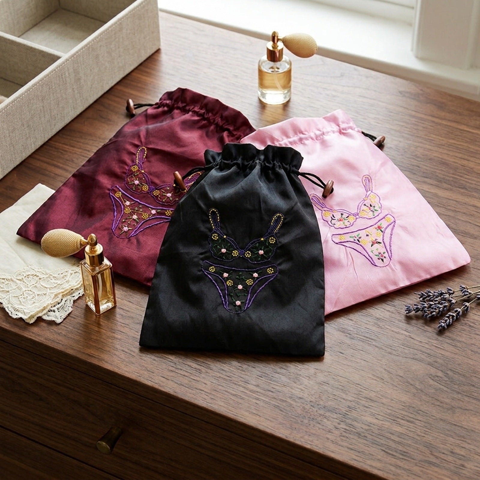 Wrapables Silk Embroidered "Bra & Panties" Lingerie Bag