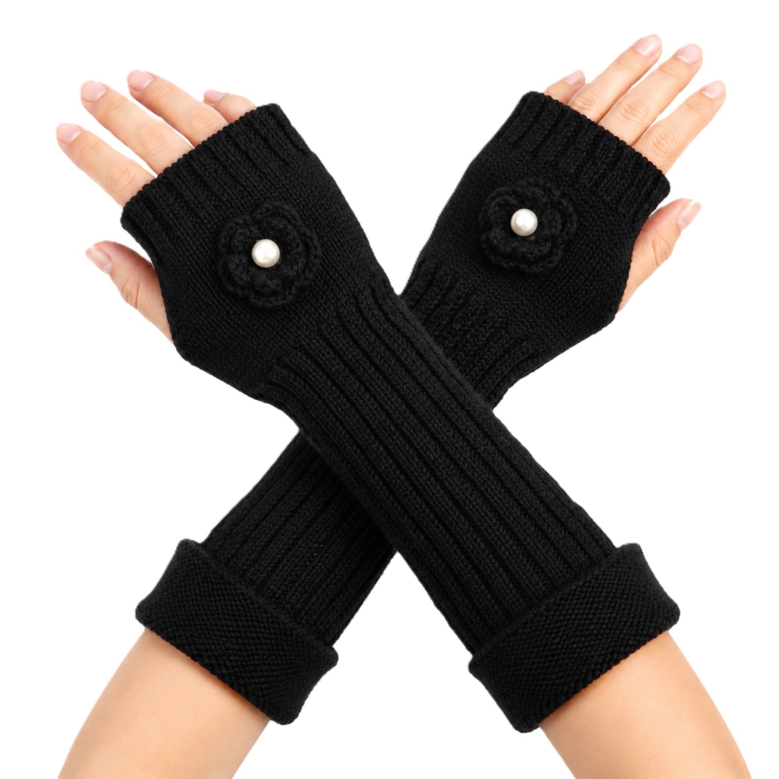 Wrapables Ribbed Arm Warmers / Fingerless Gloves with Floral Accent