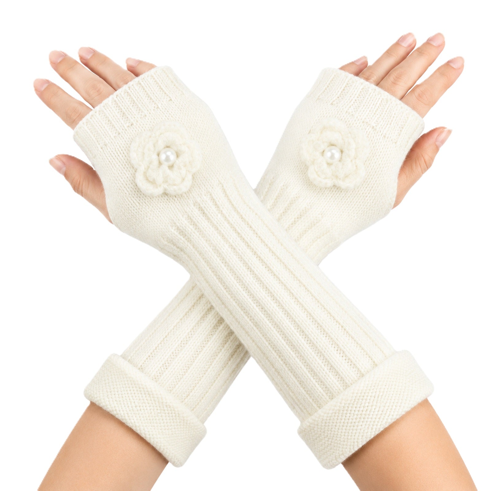 Wrapables Ribbed Arm Warmers / Fingerless Gloves with Floral Accent