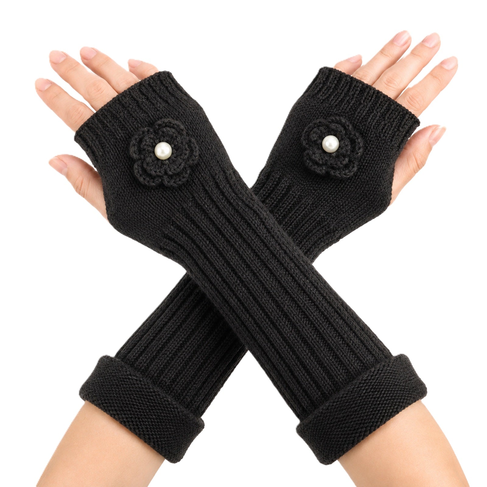 Wrapables Ribbed Arm Warmers / Fingerless Gloves with Floral Accent