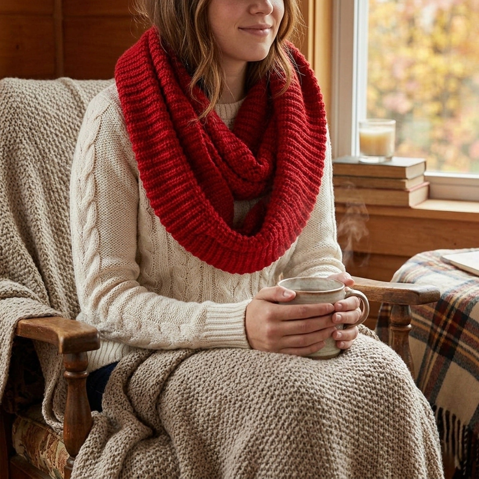Wrapables Solid Color Warm Winter Knit Infinity Scarf, Cherry Red