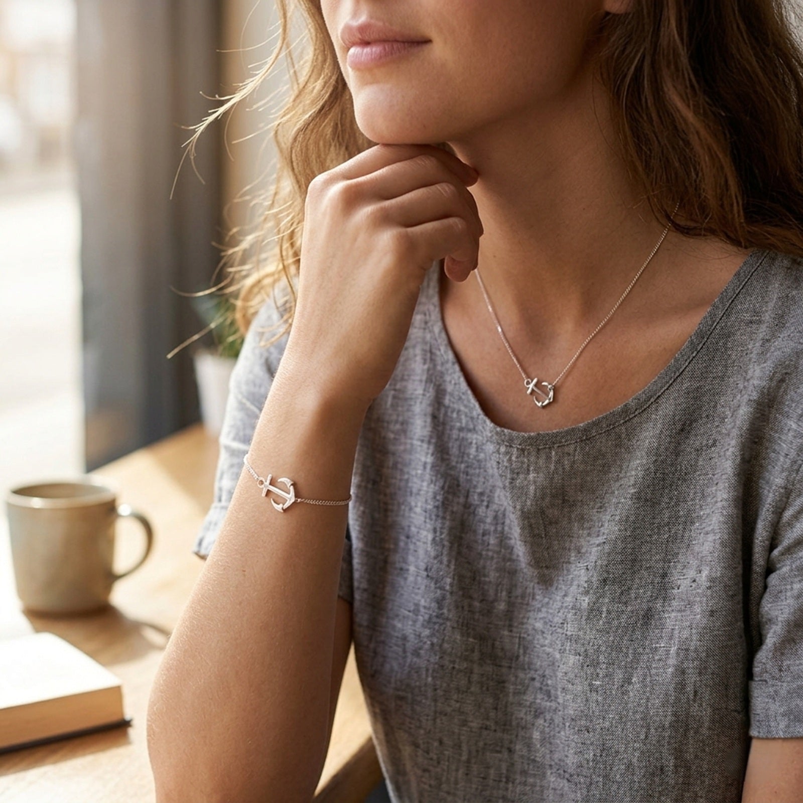 Wrapables Sideways Anchor Pendant Necklace and Bracelet Jewelry Set