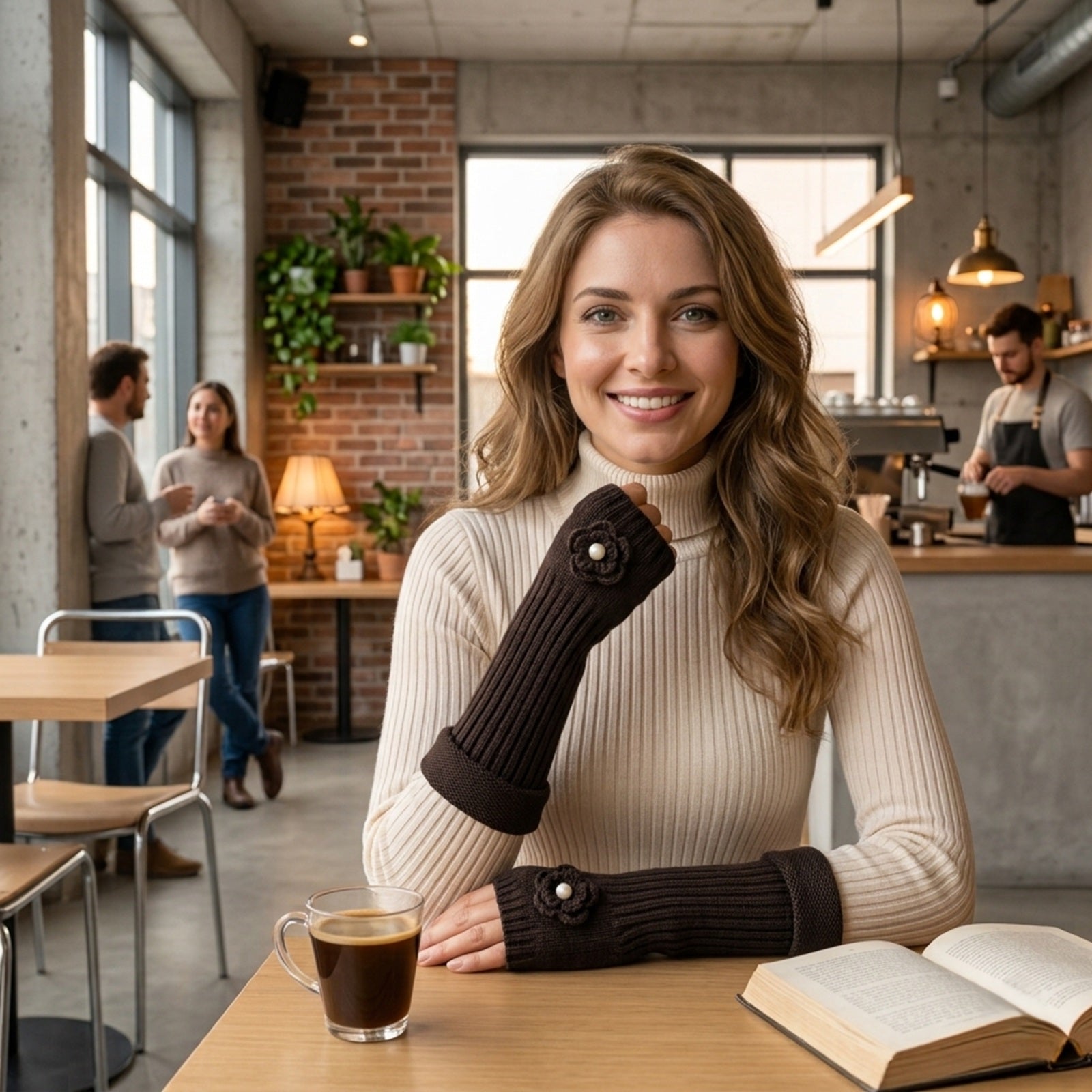 Wrapables Ribbed Arm Warmers / Fingerless Gloves with Floral Accent