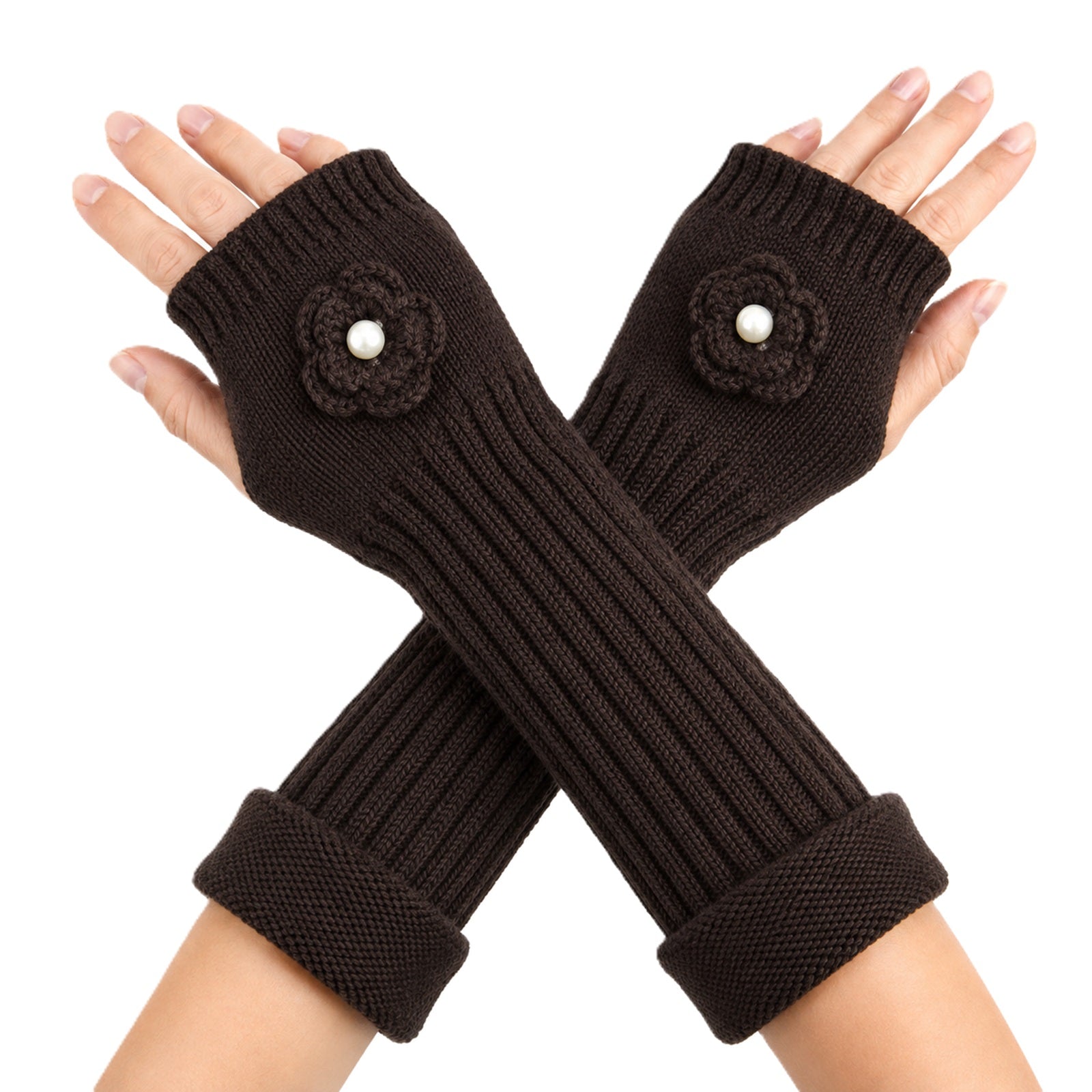 Wrapables Ribbed Arm Warmers / Fingerless Gloves with Floral Accent