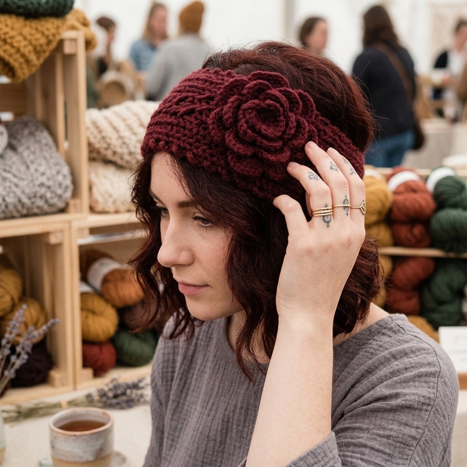 Hand Knit Floral Headband