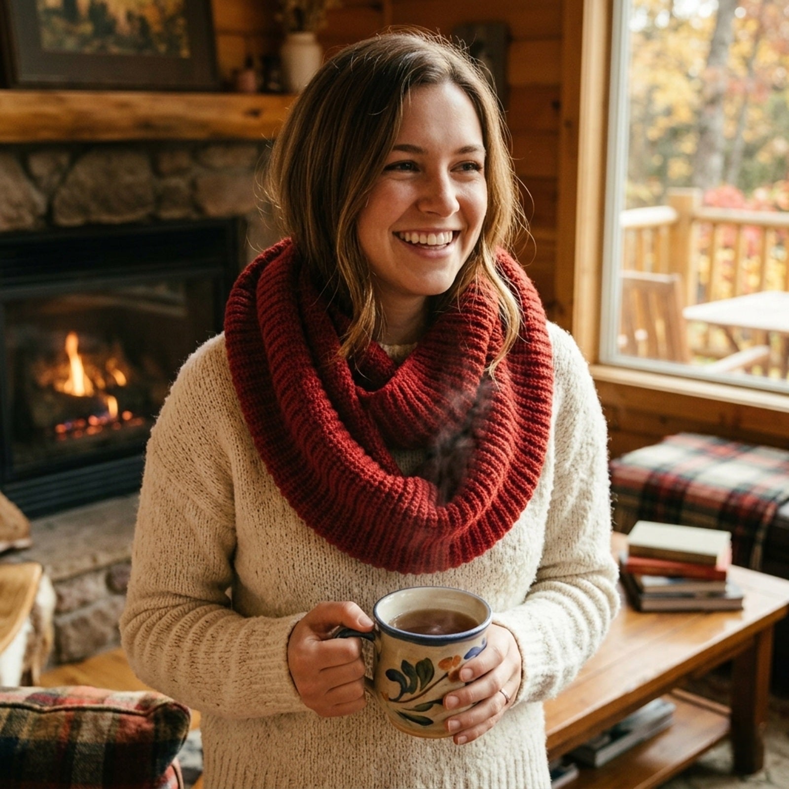 Wrapables Solid Color Warm Winter Knit Infinity Scarf, Red