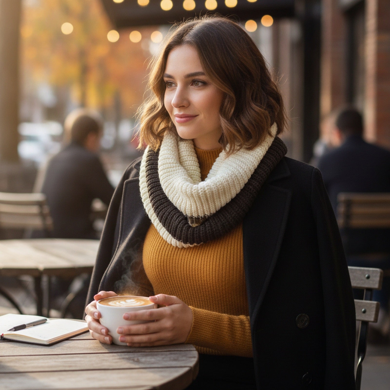 Wrapables Solid Color Warm Winter Knit Infinity Scarf, Off White/Dark Brown