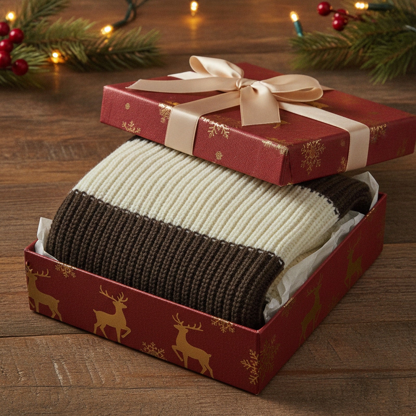 Wrapables Solid Color Warm Winter Knit Infinity Scarf, Off White/Dark Brown