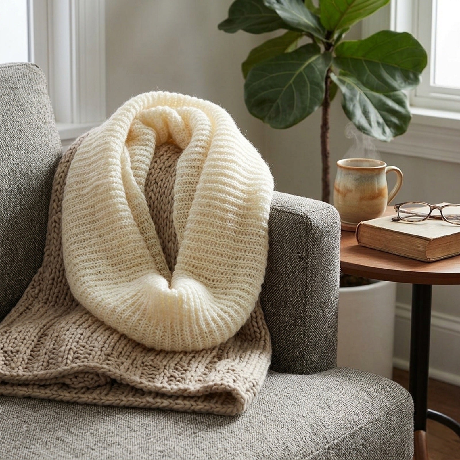 Wrapables Solid Color Warm Winter Knit Infinity Scarf, Cream