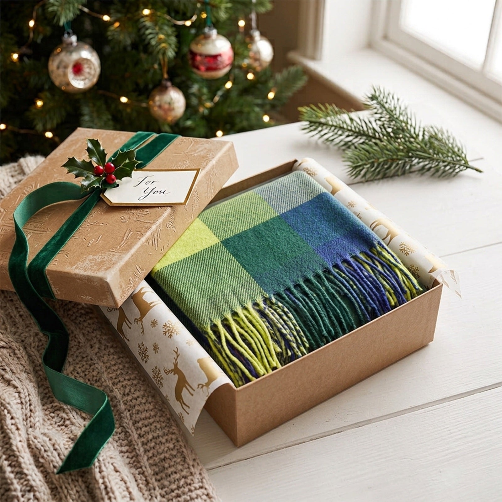 Wrapables Winter Warm Plaid Long Scarf Wrap, Lime Green