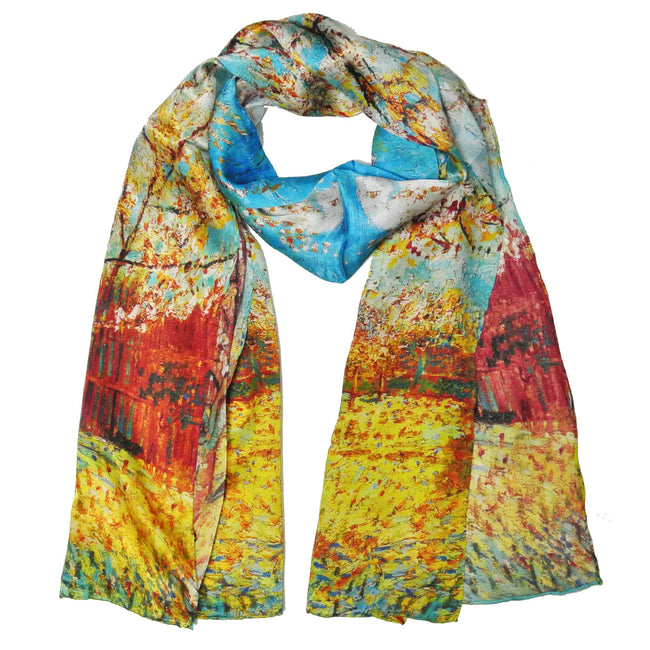 Wrapables Luxurious 100% Charmeuse Silk Long Scarf with Hand Rolled Edges, Van Gogh's Peach Tree in Bloom