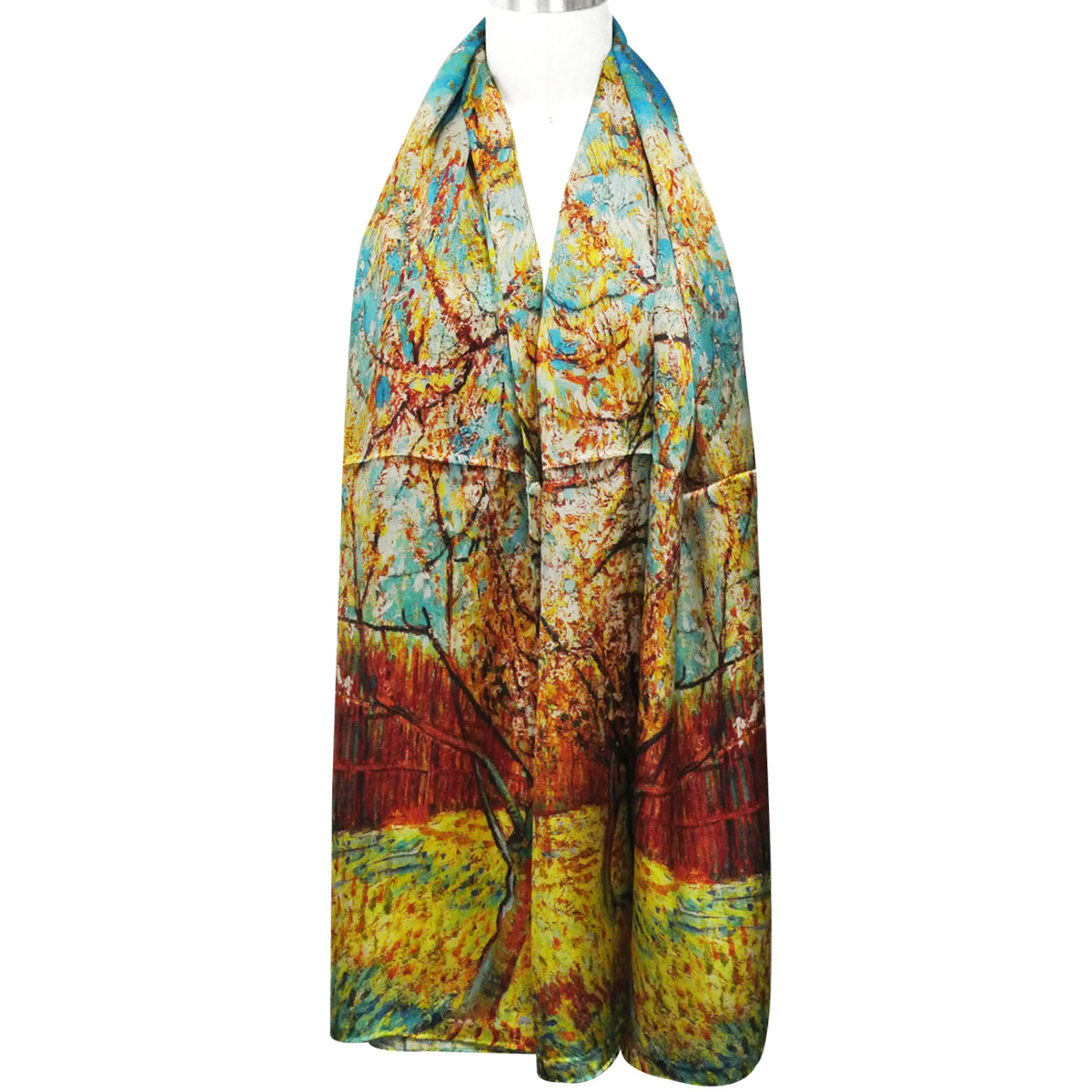 Wrapables Luxurious 100% Charmeuse Silk Long Scarf with Hand Rolled Edges, Van Gogh's Peach Tree in Bloom