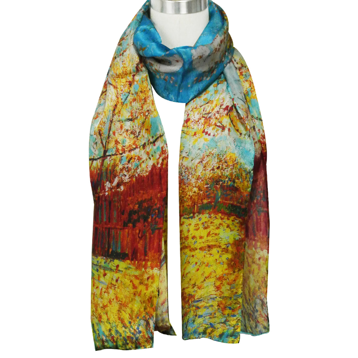 Wrapables Luxurious 100% Charmeuse Silk Long Scarf with Hand Rolled Edges, Van Gogh's Peach Tree in Bloom