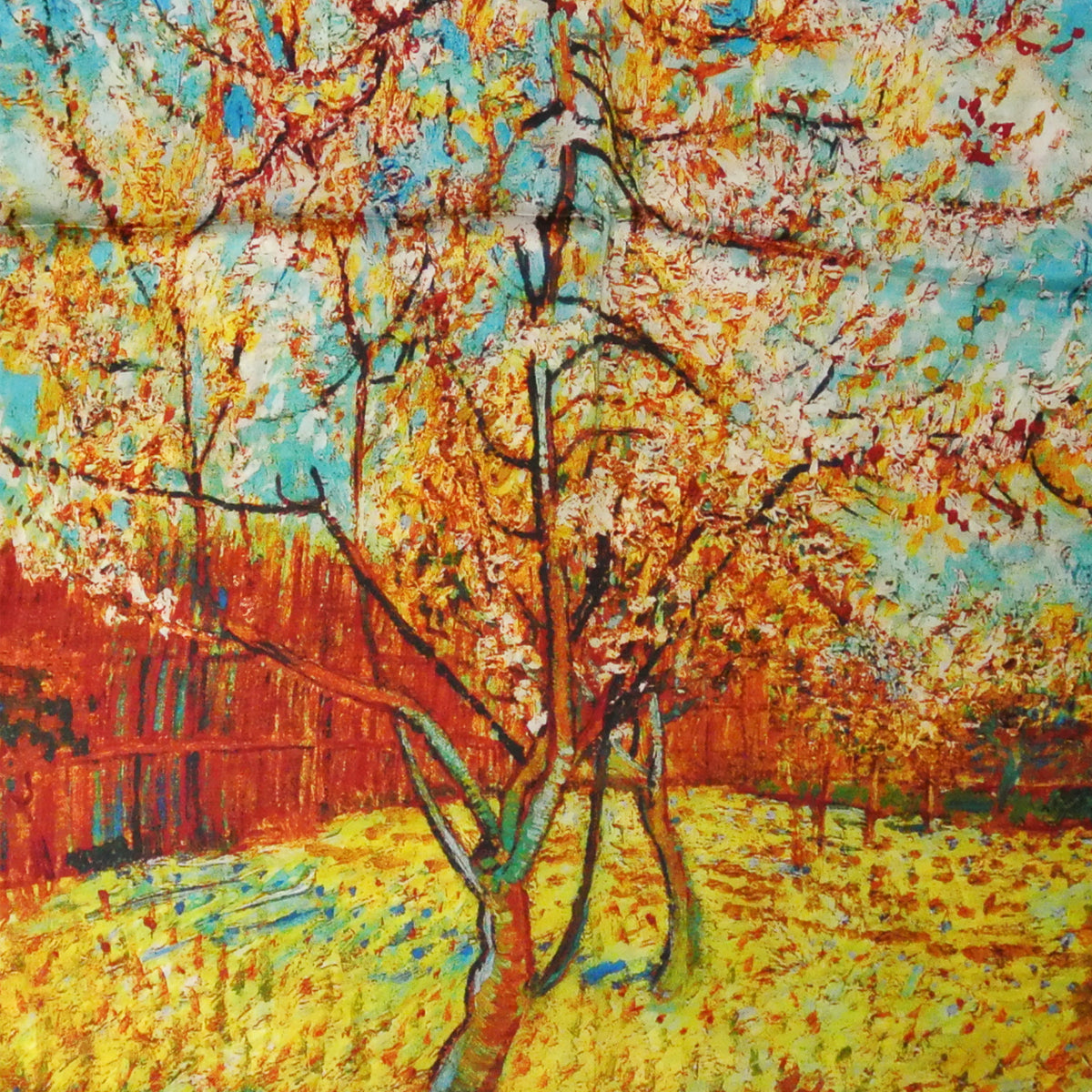 Wrapables Luxurious 100% Charmeuse Silk Long Scarf with Hand Rolled Edges, Van Gogh's Peach Tree in Bloom