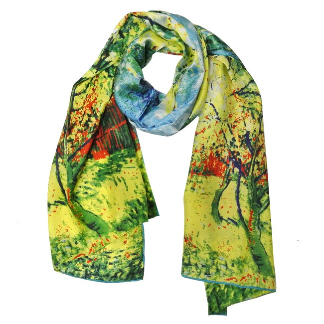 Wrapables Luxurious 100% Charmeuse Silk Long Scarf with Hand Rolled Edges, Van Gogh's Peach Tree in Bloom Light Blue