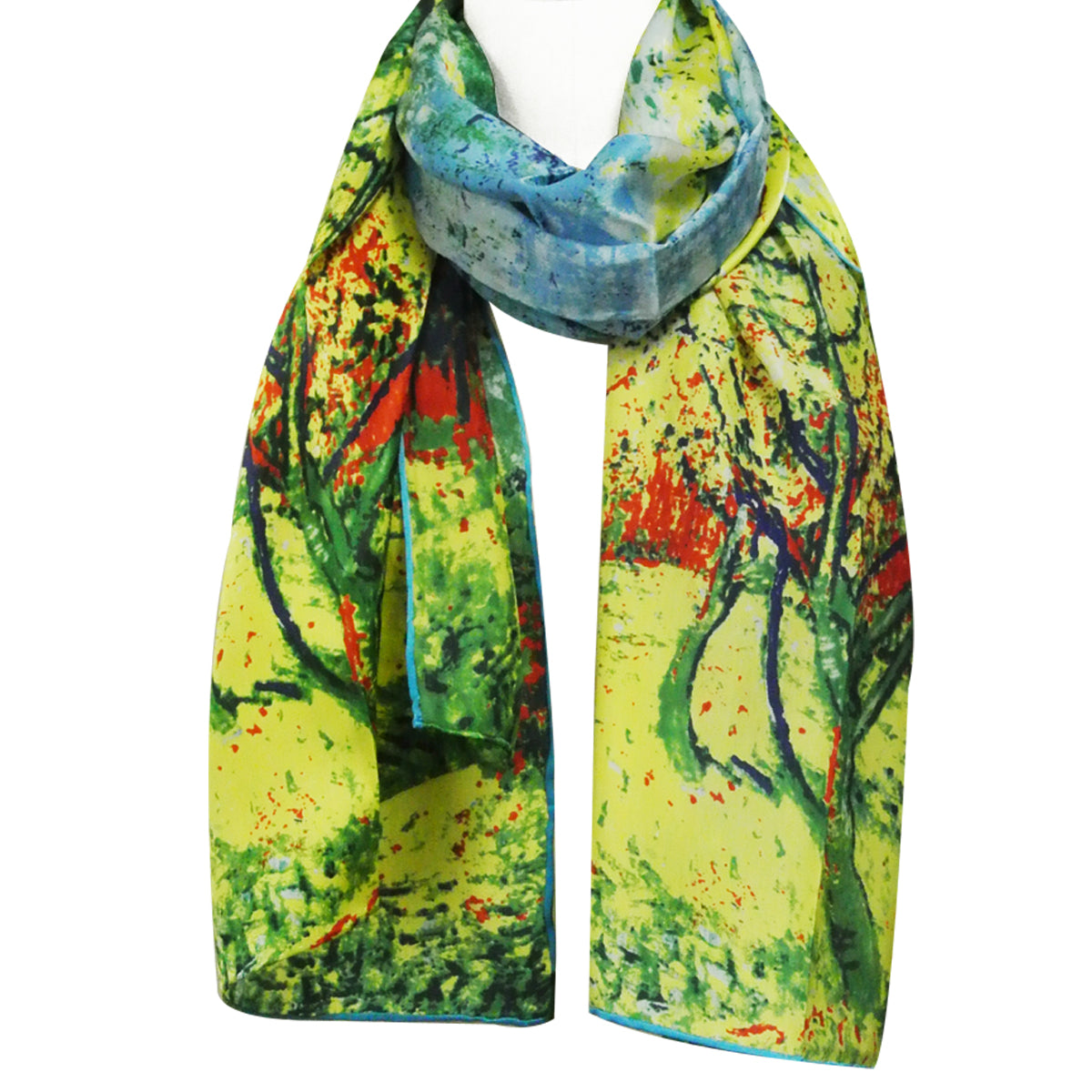 Wrapables Luxurious 100% Charmeuse Silk Long Scarf with Hand Rolled Edges, Van Gogh's Peach Tree in Bloom Light Blue