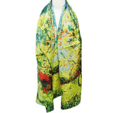 Wrapables Luxurious 100% Charmeuse Silk Long Scarf with Hand Rolled Edges, Van Gogh's Peach Tree in Bloom Light Blue