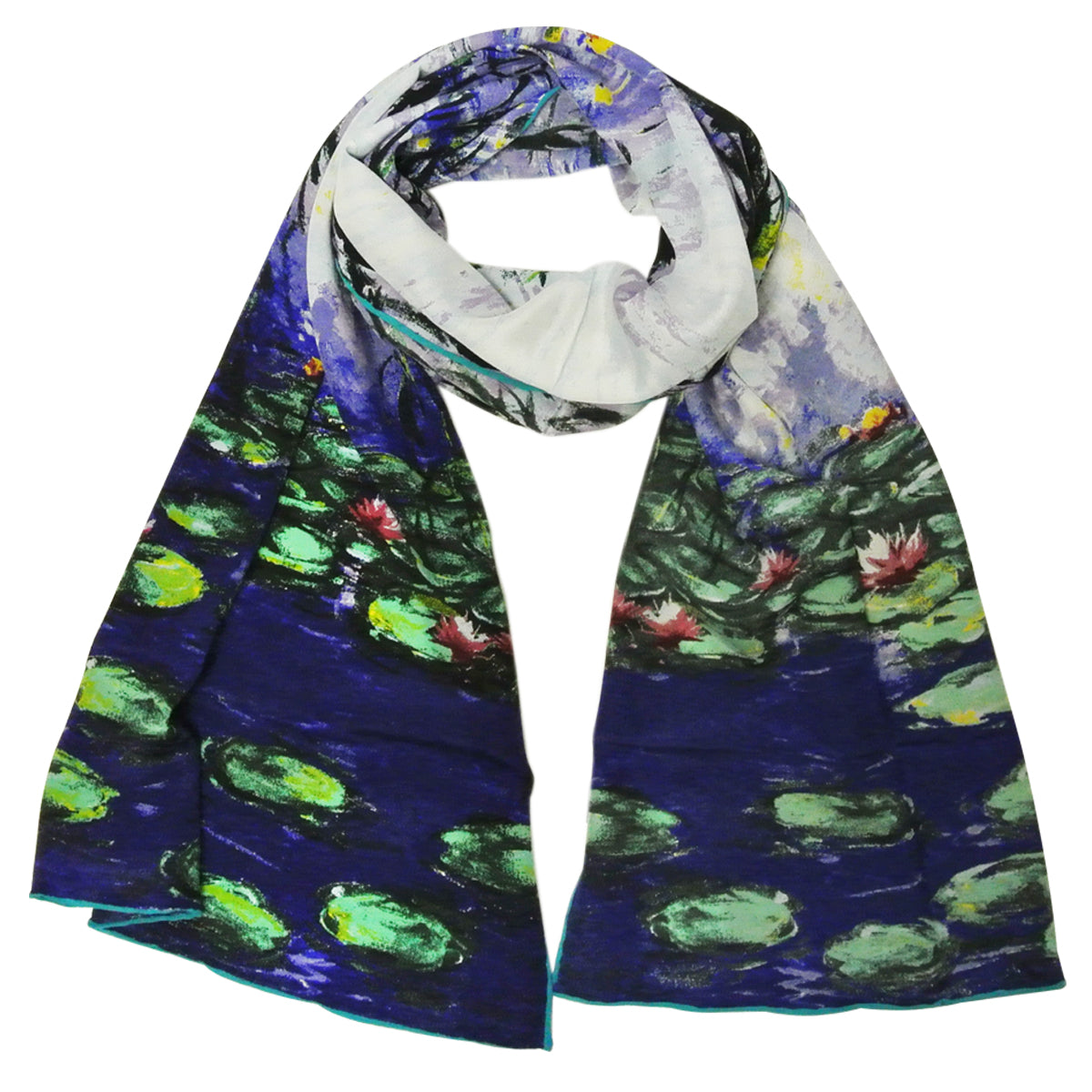 Wrapables Luxurious 100% Charmeuse Silk Long Scarf with Hand Rolled Edges, Claude Monet's Nympheas