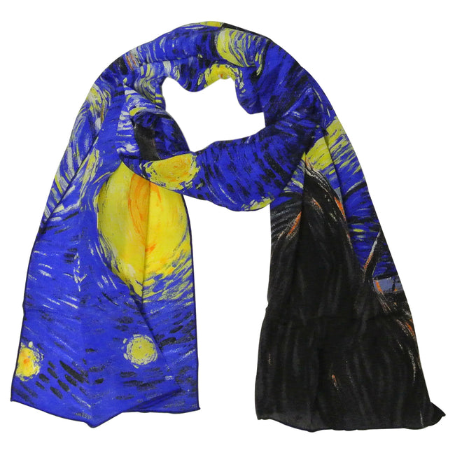 Wrapables Luxurious 100% Charmeuse Silk Long Scarf with Hand Rolled Edges, Van Gogh's Starry Night