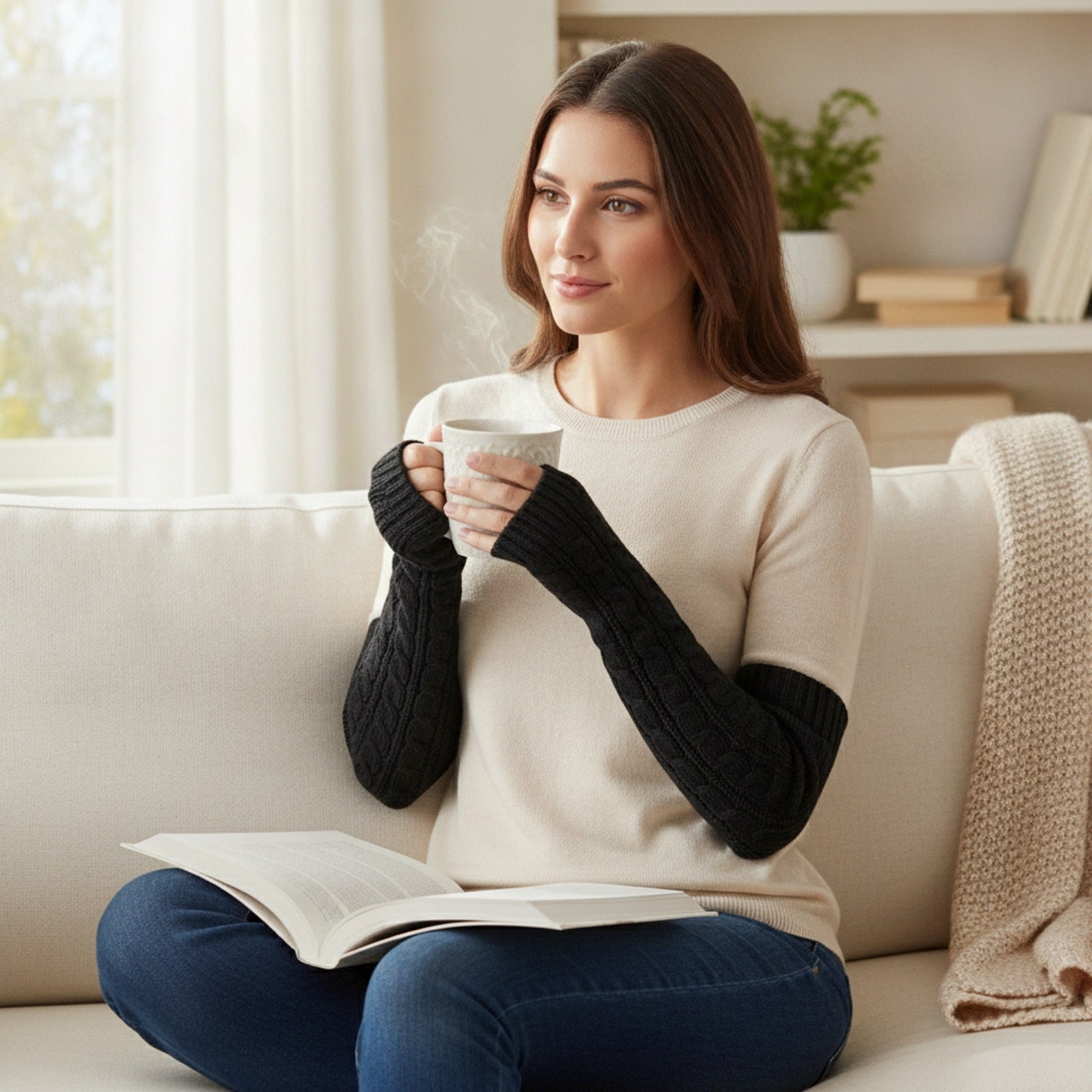 Wrapables Long Cable-Knit Arm Warmers Fingerless Gloves