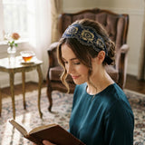 Wrapables Elegant Lace Headband with Gold Tone Threading, Blue