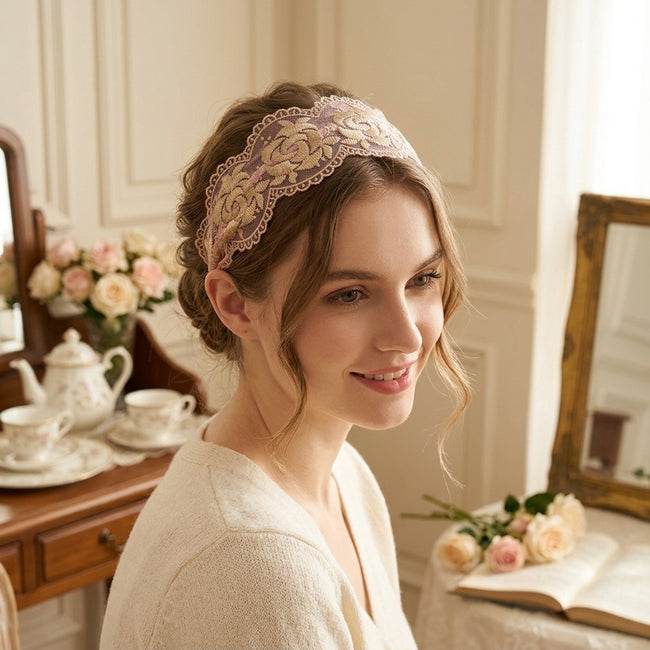 Wrapables Elegant Lace Headband with Gold Tone Threading,Pink