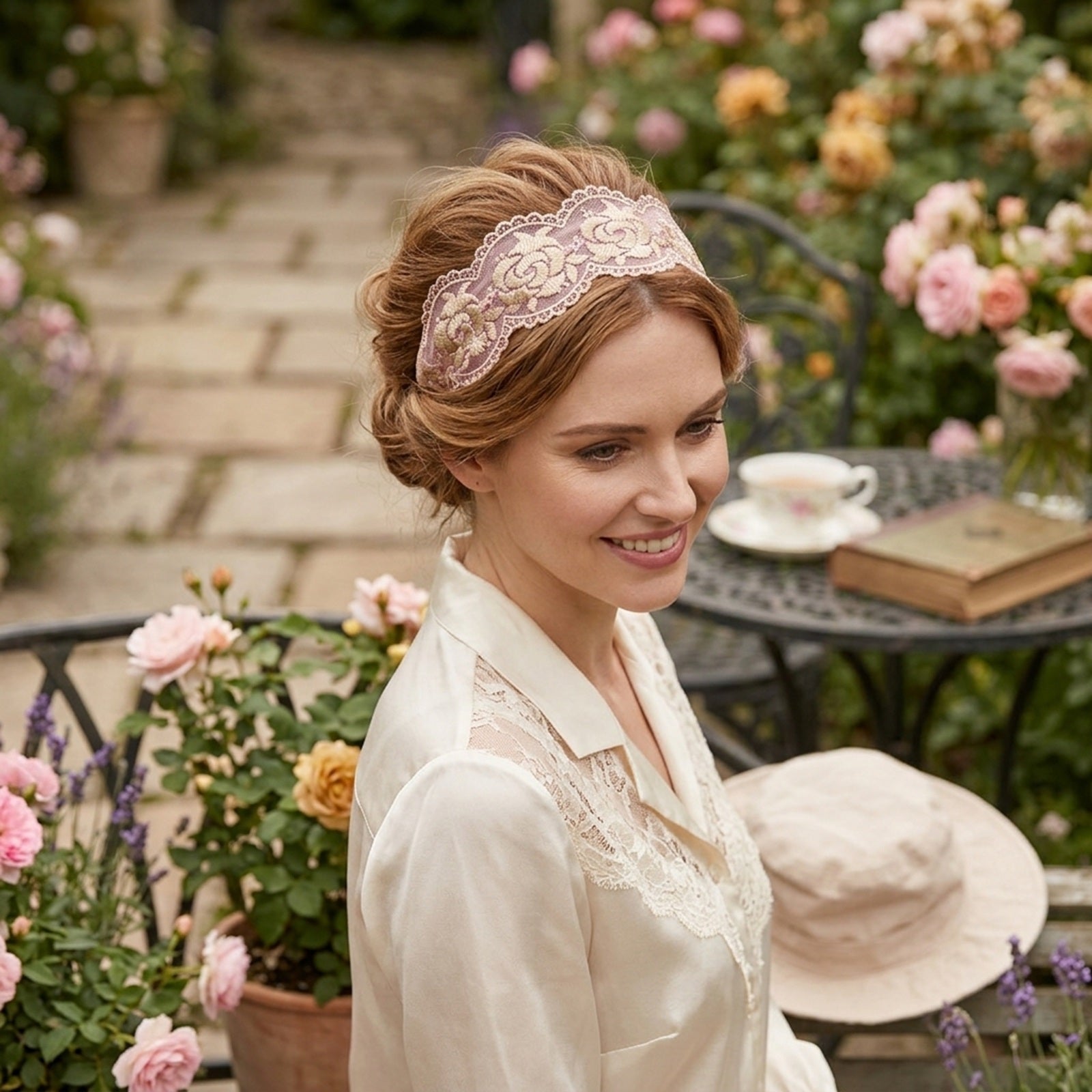 Wrapables Elegant Lace Headband with Gold Tone Threading,Pink