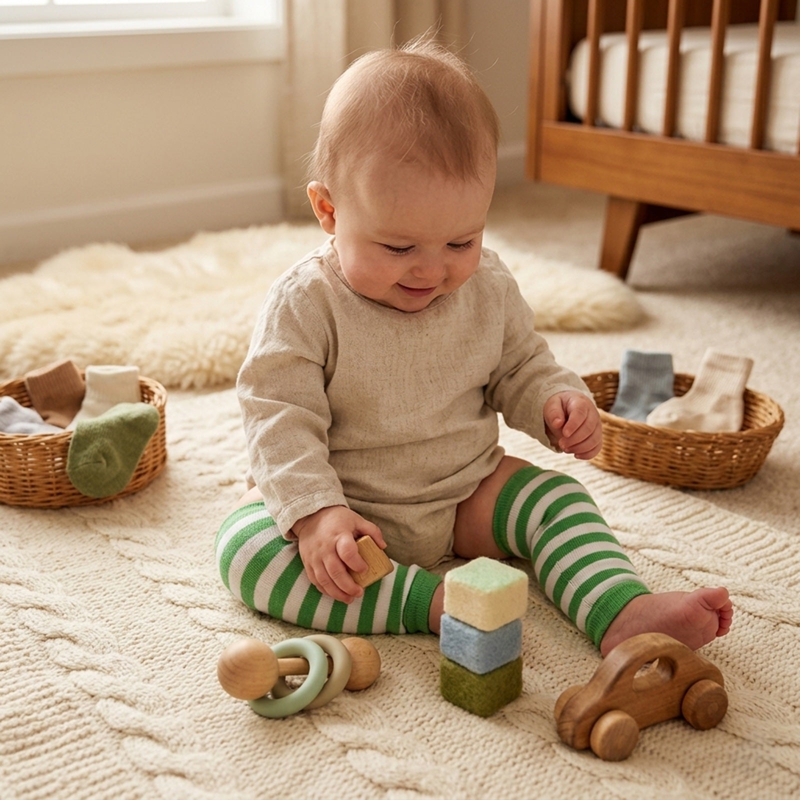 Wrapables Colorful Baby & Toddler Leg Warmers 1, Stripes Green and White