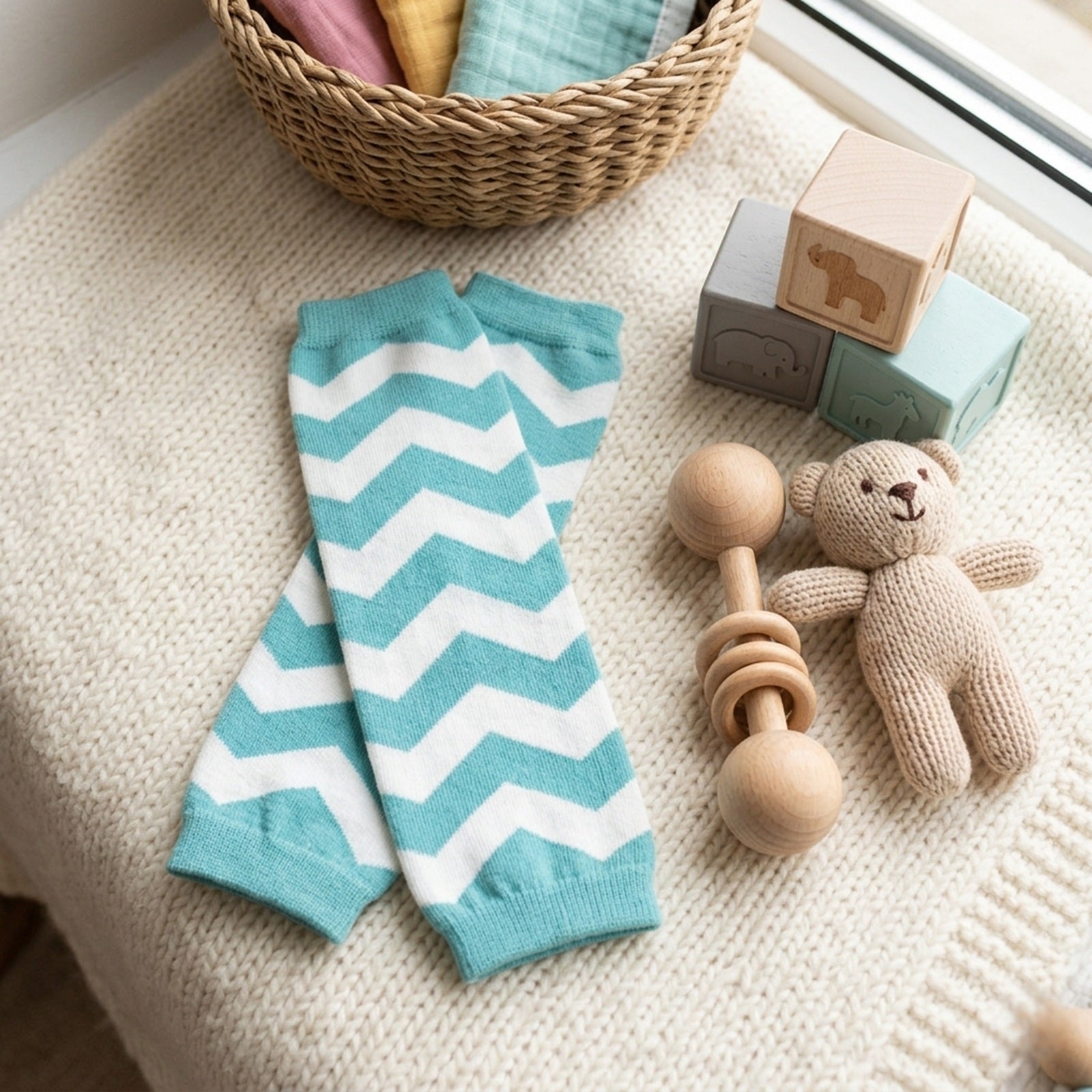 Wrapables Colorful Baby & Toddler Leg Warmers 2, Chevron Aqua and White