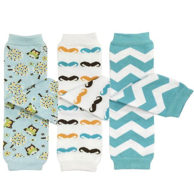 Wrapables Blue Baby Leg Warmers (Set of 3), Owls, Moustaches, Chevron