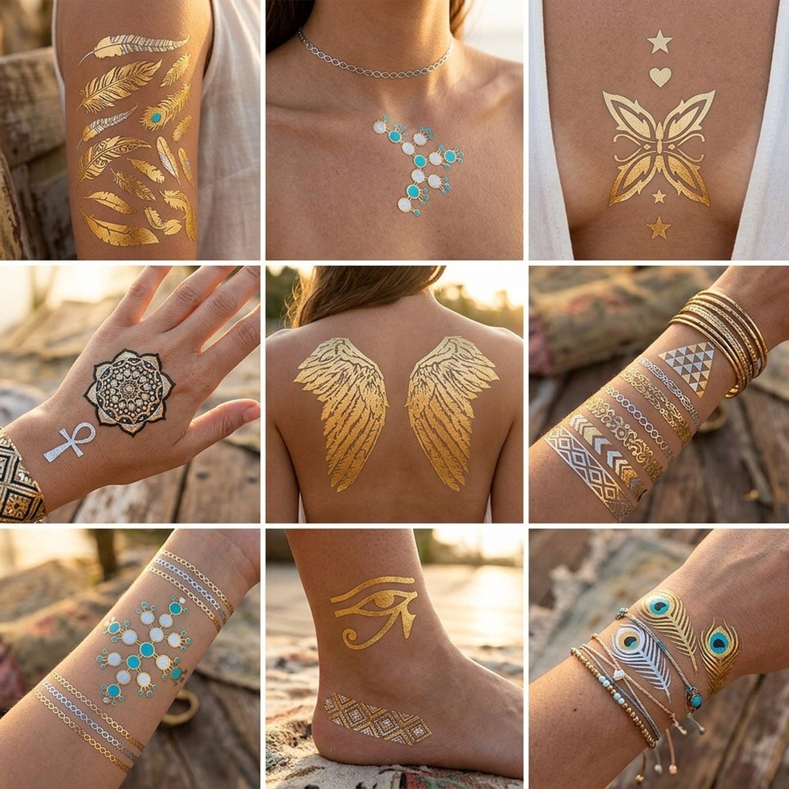 Wrapables Large Metallic Gold and Silver Temporary Tattoo Stickers