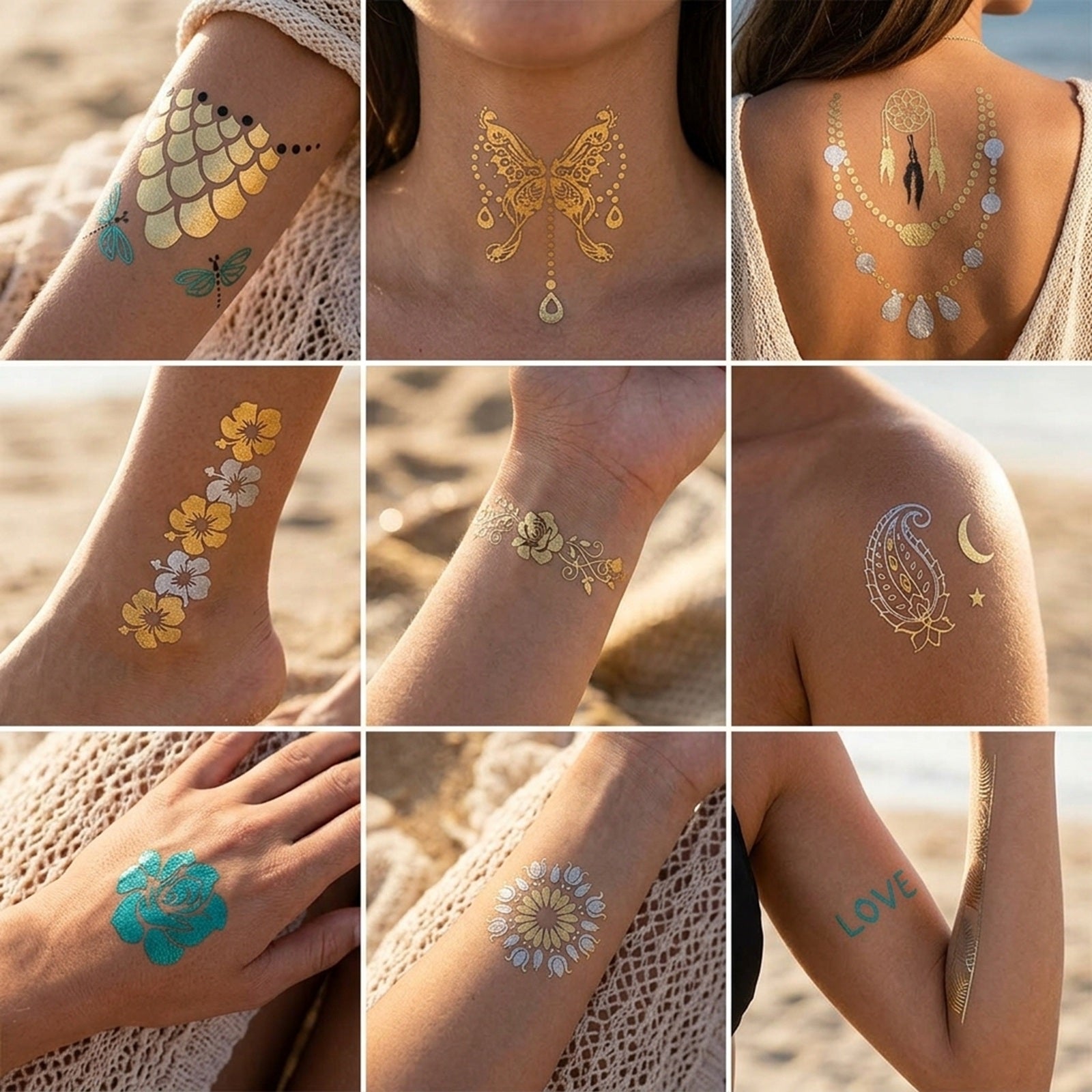 Wrapables Medium Metallic Gold and Silver Temporary Tattoo Stickers
