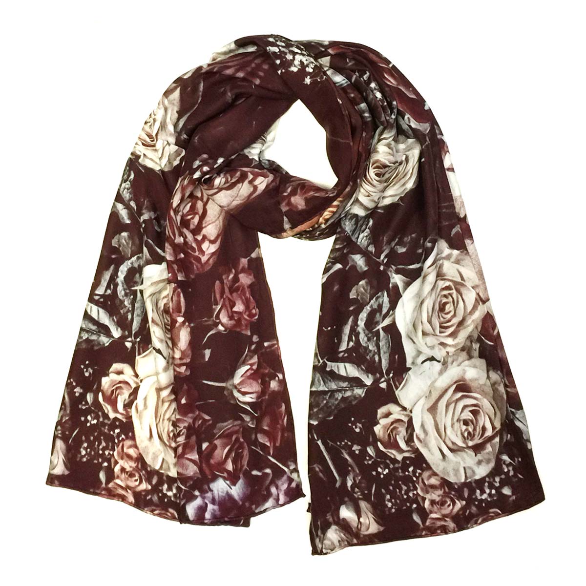 Wrapables Luxurious 100% Charmeuse Silk Long Scarf with Hand Rolled Edges, Evening Roses