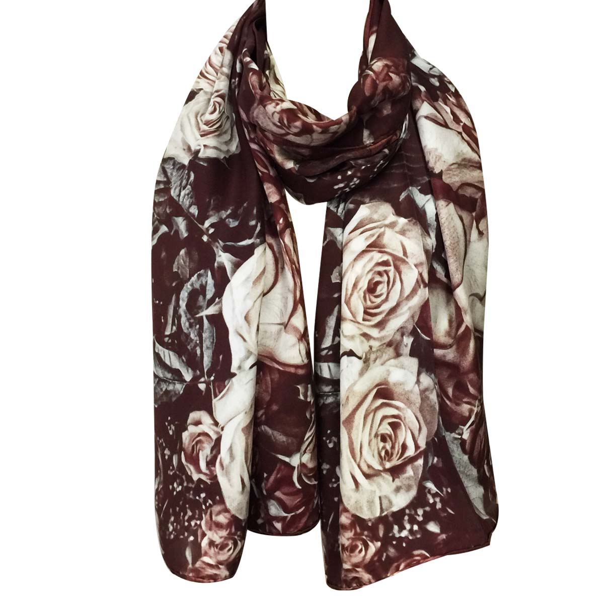 Wrapables Luxurious 100% Charmeuse Silk Long Scarf with Hand Rolled Edges, Evening Roses