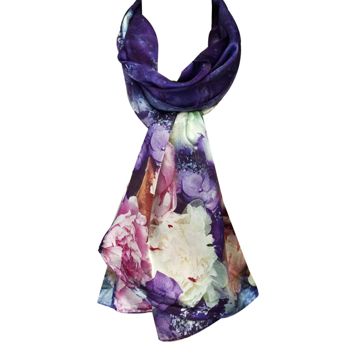 Wrapables Luxurious 100% Charmeuse Silk Long Scarf with Hand Rolled Edges, Floral Cascade