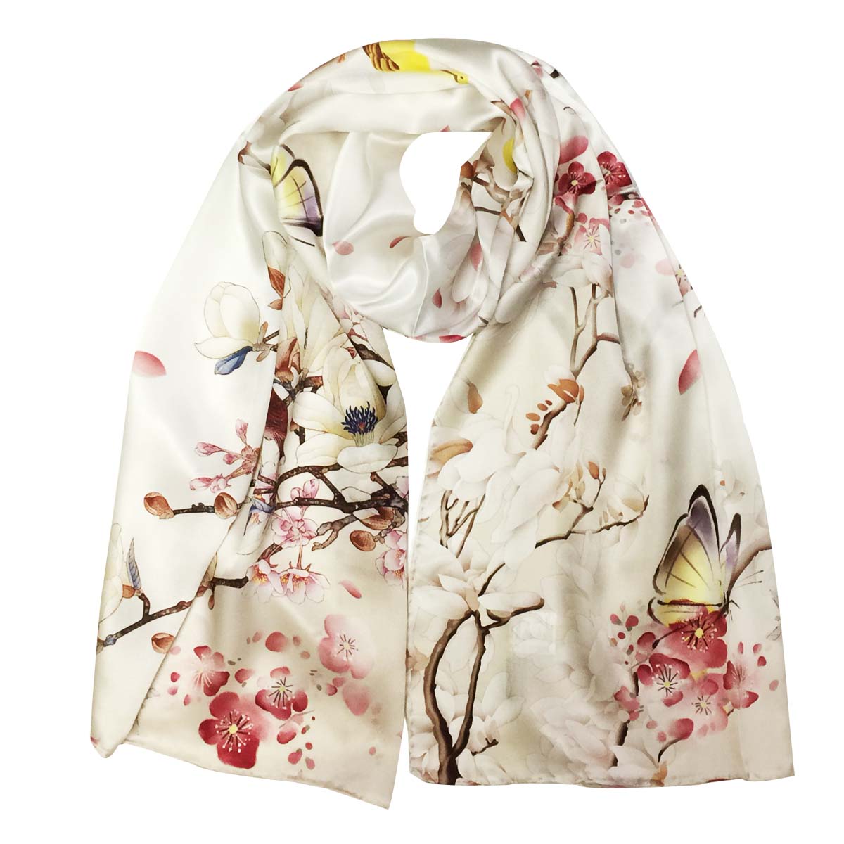 Wrapables Luxurious 100% Charmeuse Silk Long Scarf with Hand Rolled Edges, Cherry Blossoms