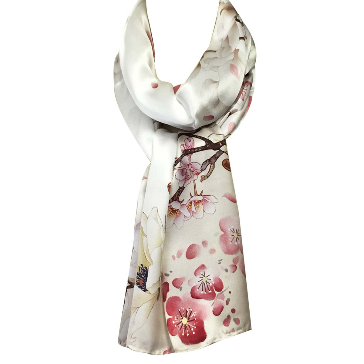 Wrapables Luxurious 100% Charmeuse Silk Long Scarf with Hand Rolled Edges, Cherry Blossoms