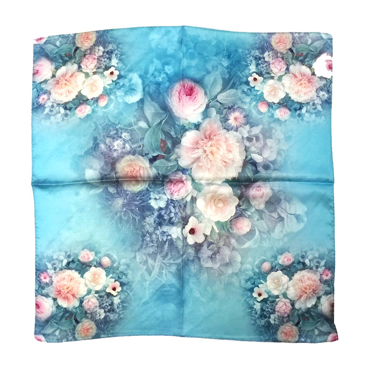 Wrapables 100% Charmeuse Silk Square Scarf Neckerchief, Roses on Aqua