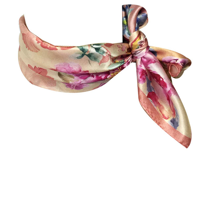 Wrapables 100% Charmeuse Silk Square Scarf Neckerchief, Pink Peonies