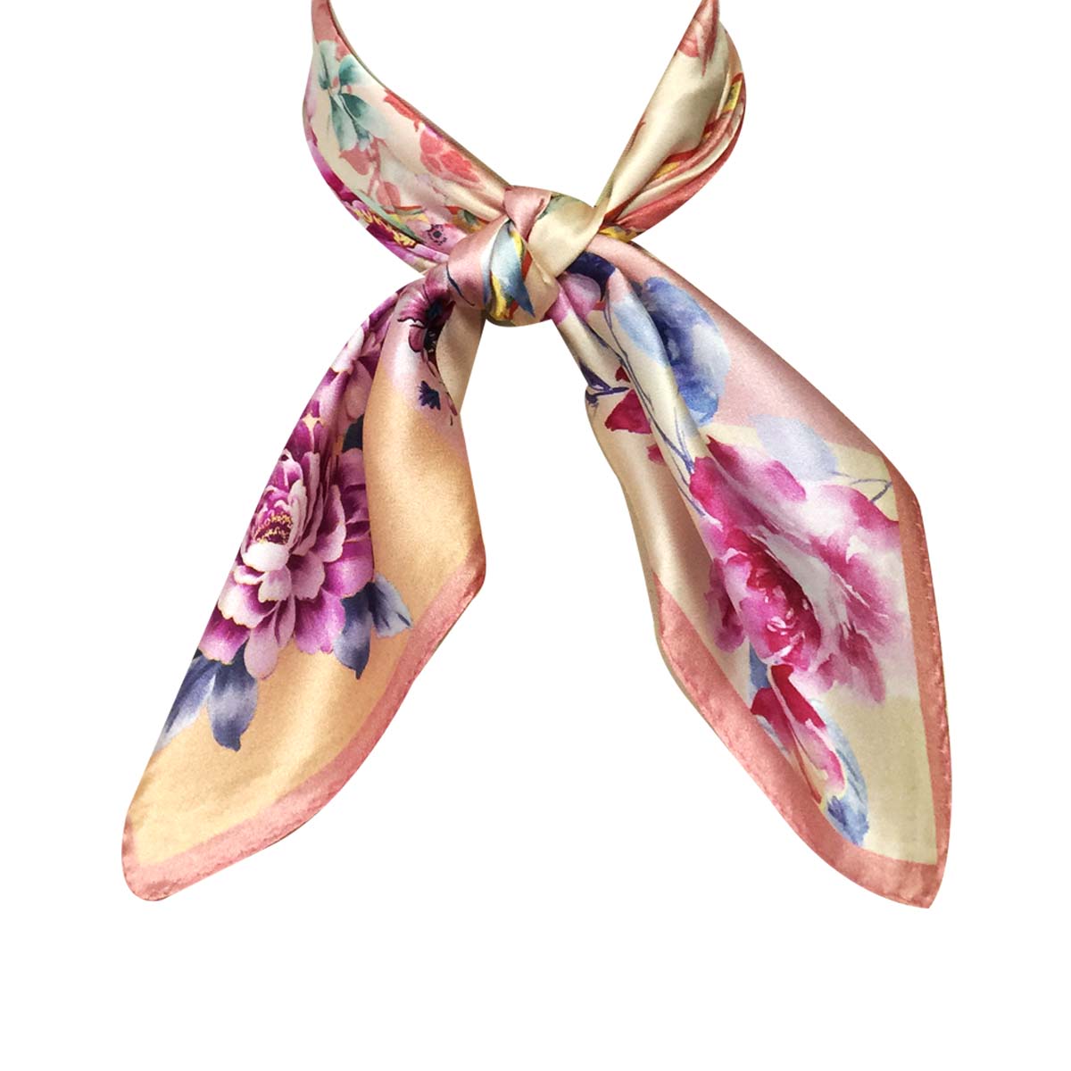 Wrapables 100% Charmeuse Silk Square Scarf Neckerchief, Pink Peonies