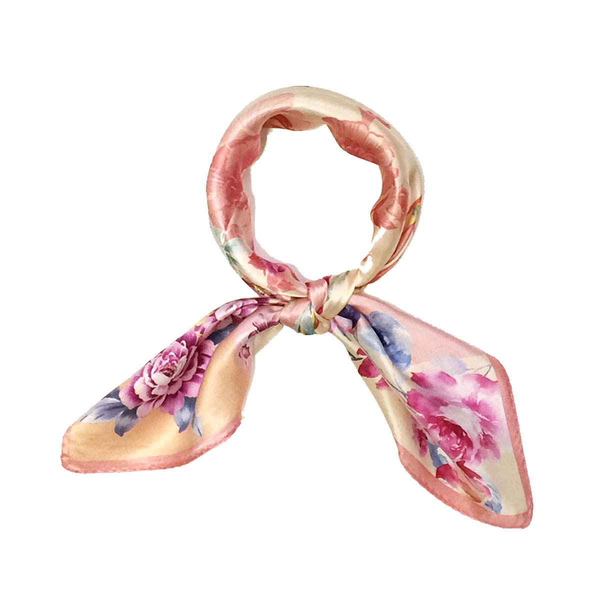 Wrapables 100% Charmeuse Silk Square Scarf Neckerchief, Pink Peonies