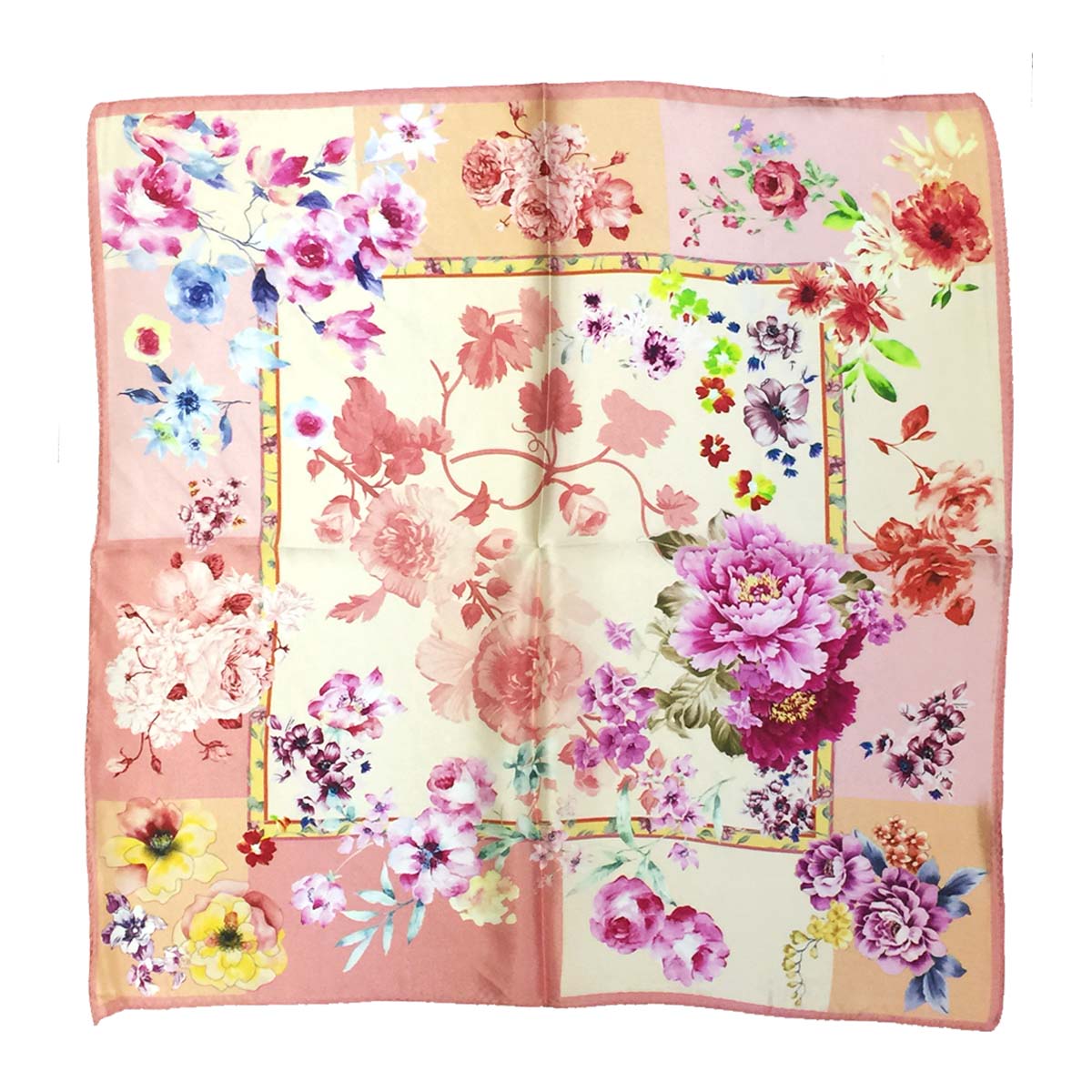 Wrapables 100% Charmeuse Silk Square Scarf Neckerchief, Pink Peonies