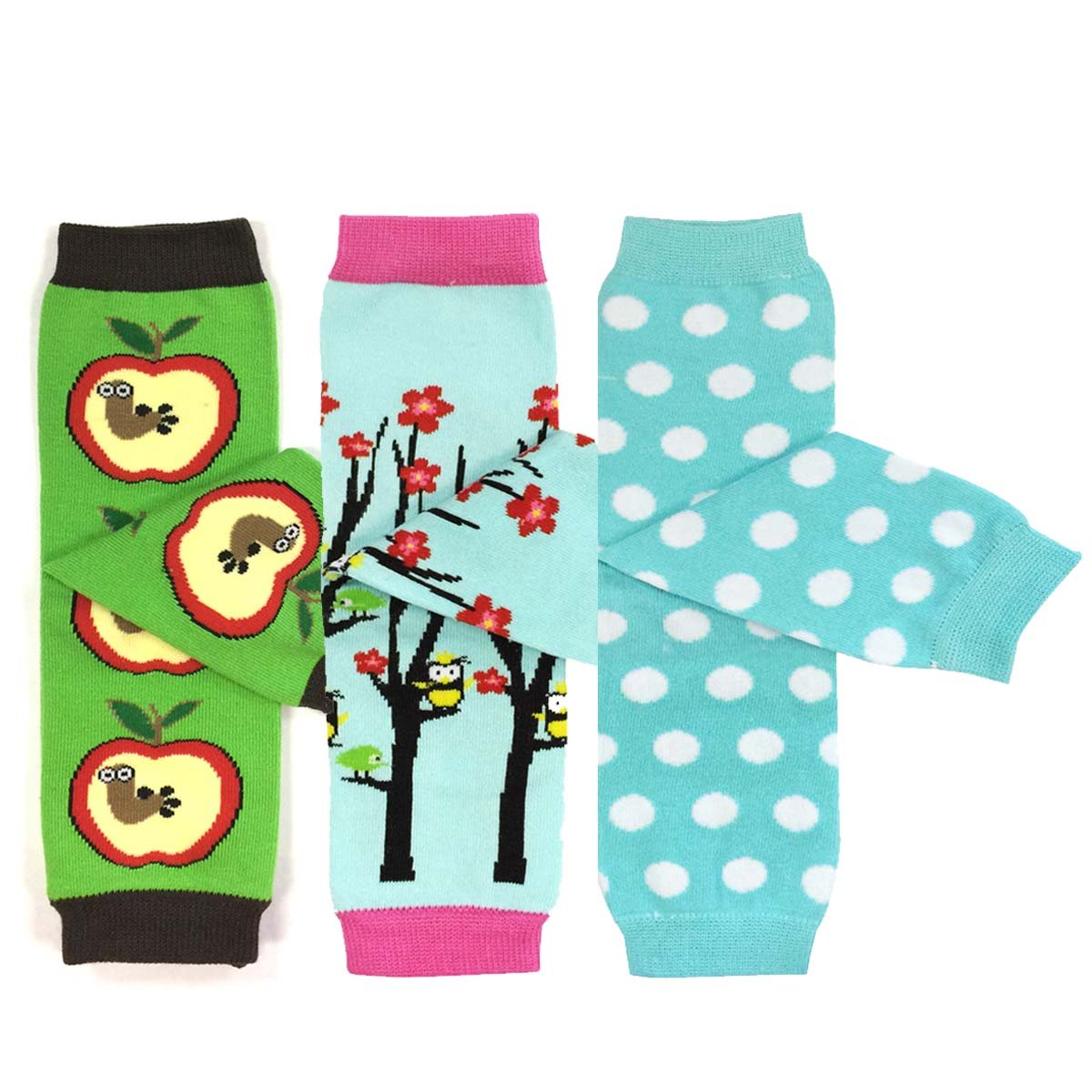 Wrapables Fun and Playtime Baby Leg Warmers (Set of 3), Apple, Owls, Dots