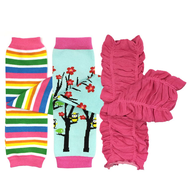 Wrapables Fun and Playtime Baby Leg Warmers (Set of 3), Multicolor, Owls, Pink Ruffles