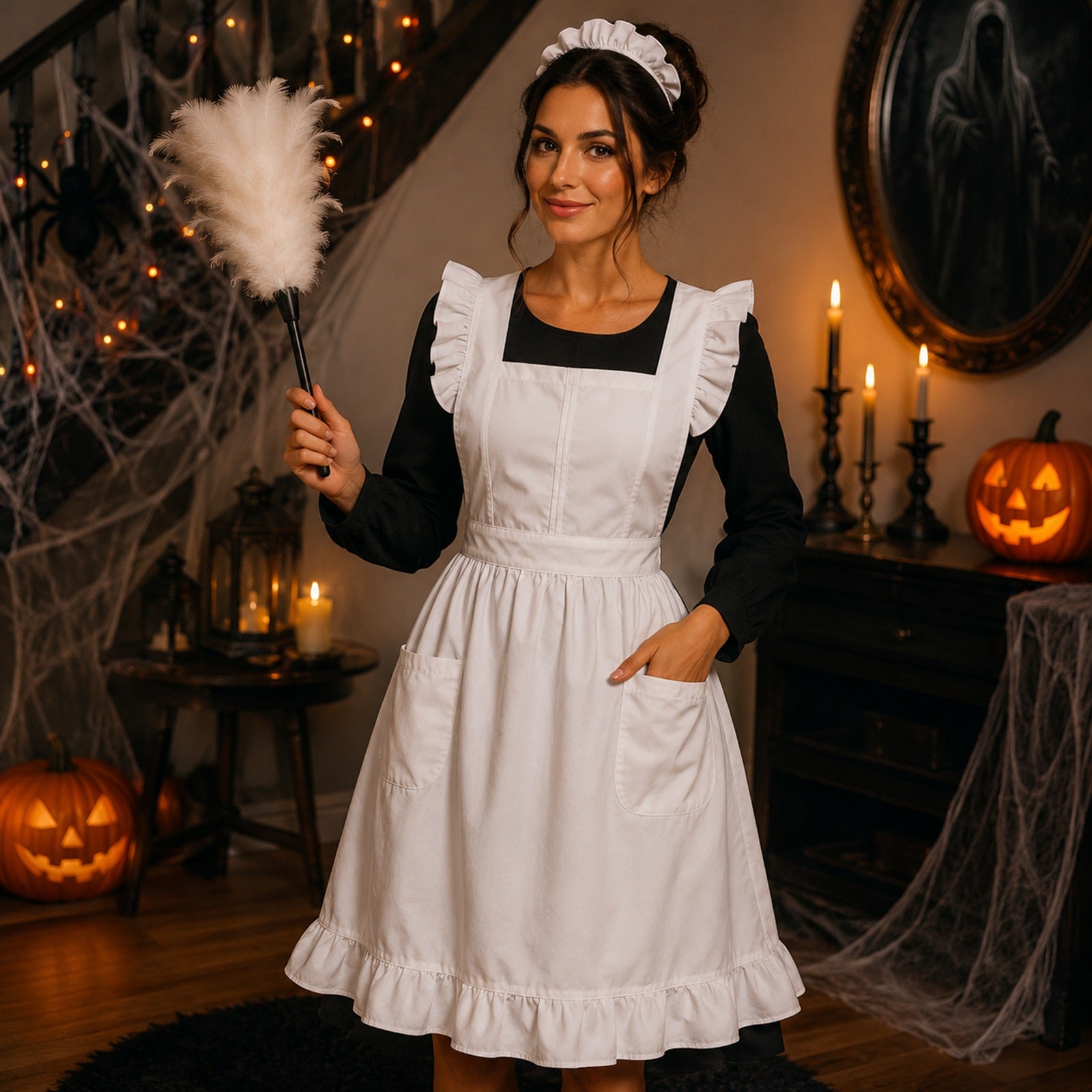 Wrapables Retro White Apron with Pockets for Cooking or Cosplay, Halloween Costume Accessories