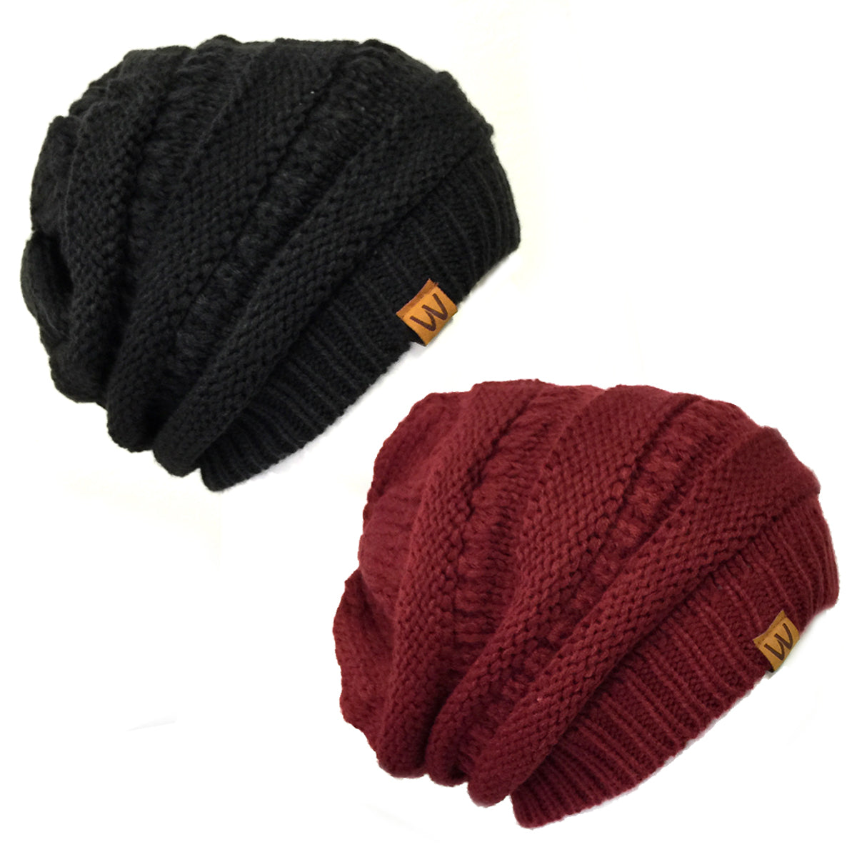 Wrapables Slouchy Winter Beanie Cap Hat Set of 2, Black and Burgundy