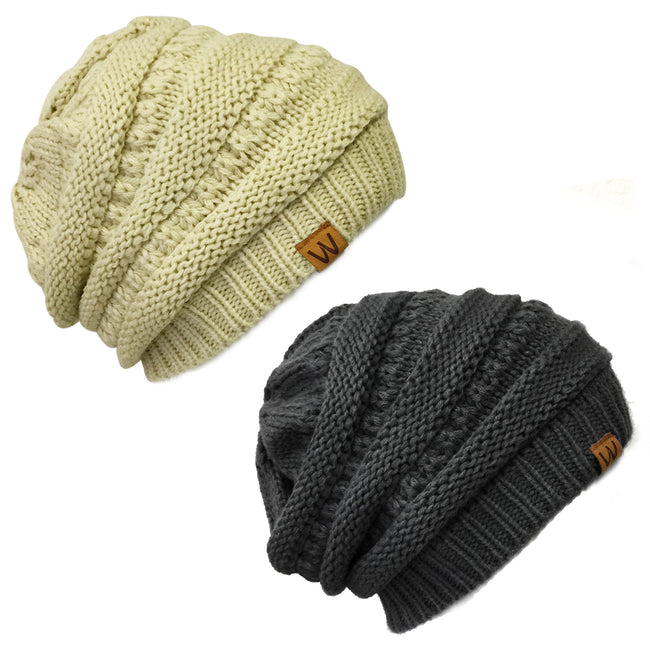 Wrapables Slouchy Winter Beanie Cap Hat Set of 2, Charcoal Grey and Beige